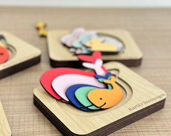 Layered puzzle, big and small concept learning set, 4 different puzzles in one set, whale, bird, rabbit, elephant