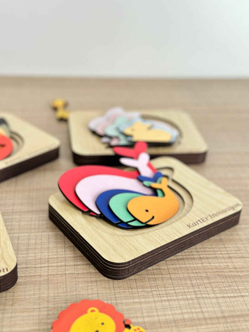 Layered puzzle, big and small concept learning set, 4 different puzzles in one set, whale, bird, rabbit, elephant image 1