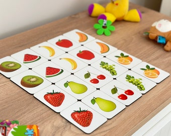 Fruits 20 Matching Montessori Cards-Montessori Wooden fruit Memory Game | Flashcards Matching Game | Homeschool Preschool Kindergarten activ