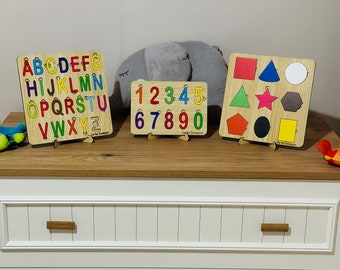 Alphabet, Letters, Numbers, Shapes Snap-on Set, Set of 3, Learning Letters, Wooden Educational Toys, Montessori