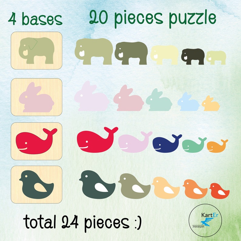 Layered puzzle, big and small concept learning set, 4 different puzzles in one set, whale, bird, rabbit, elephant image 4