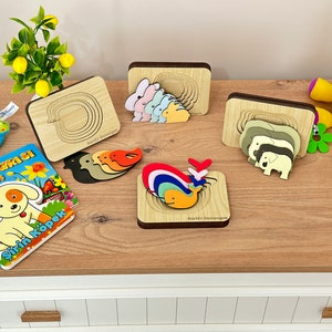 Layered puzzle, big and small concept learning set, 4 different puzzles in one set, whale, bird, rabbit, elephant image 2