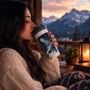 Könnte beinhalten: Ein weißer Reisebecher mit einer dunkelblauen grafischen Illustration eines schneebedeckten Berggipfels unter einem Vollmond und einem Sternenhimmel. Der Becher hat einen schwarzen Deckel und einen glatten zylindrischen Körper für Heißgetränke.