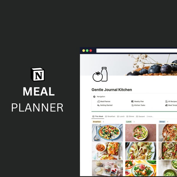 Modèle de planificateur de repas Notion - listes de courses automatisées, planification de repas personnalisée, 100 recettes - gain de temps esthétique minimal