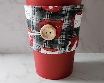 Plaid Coffee Cozy with Button, Stretchy Cup Sleeve