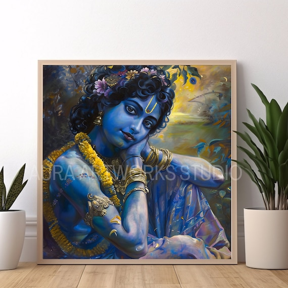 Krishna Art Print, Vrindavan Painting, Black and White Background