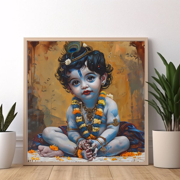 Divine Art of Baby Krishna playing in Mud, Sri Krishna Art, Lord Krishna art, Indian wall art decor, Divine Prints, Krishna Wall, Home Art