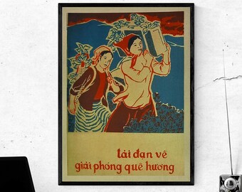 Vintage Vietnam War Poster - Women Transporting Ammunition for the Vietnamese Military to Help Fight Back the American Army - SIZE: 12x16in