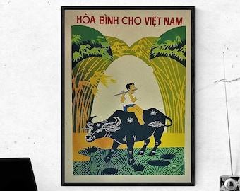 Vietnam Poster War Propaganda - The Vietnamese National Peace Time Symbol Peace A Boy Playing Flute Riding a Buffalo Countryside Scene 12x16
