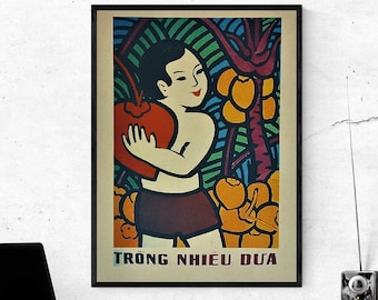 Vintage Vietnam War Propaganda Poster: Coconut Harvest, Rice Paper Print (12x16 inches)