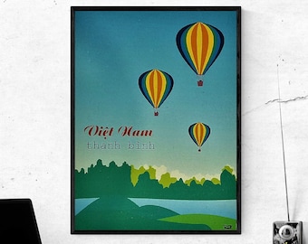 Vintage Vietnam Poster - Celebration of a Hot Air Balloon Festival to Recognize World Peace in Thanh Binh - 12x16 inches