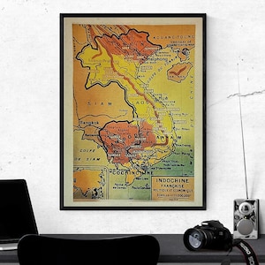 Cartaz antigo do Vietnã - Período colonial francês para turismo - Mapa antigo Indochina Vietnã Camboja Laos - TAMANHO: 12x16 polegadas