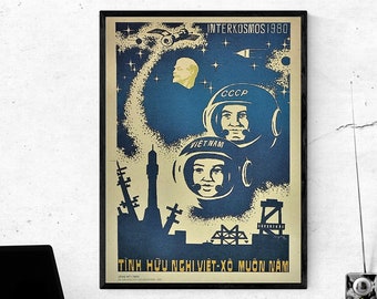 Old Vietnam Poster - Long Live the Friendship of Vietnam and Russian The Soviet Union Space Race to the Moon 1980 - 12x16 inches