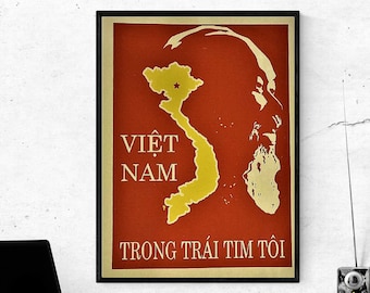Vietnam War Poster Propaganda - President Ho Chi Minh - Vietnamese Flag Wall Map Capitol City of Hanoi - SIZE: 12x16 inches