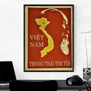 Vietnam War Poster propagand - Präsident Ho Chi Minh - Vietnamesische Flaggen - Landkarte Hauptstadt Hanoi - GRÖSSE: 30x40 cm
