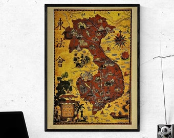 Vintage Indochina Map Poster: French Colonial Vietnam, Cambodia, Laos (12x16 inches)