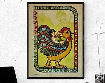 Vietnam Poster War Propaganda - Families Should Farm And Raise Chickens To Give To The Military For Aid 1980 - SIZE: 12x16 inches (30x40 cm)