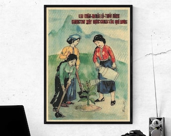 Vietnam War Propaganda Poster: Lai Chau Nghia Lo Thai Binh, Handmade Rice Paper (12x16in)
