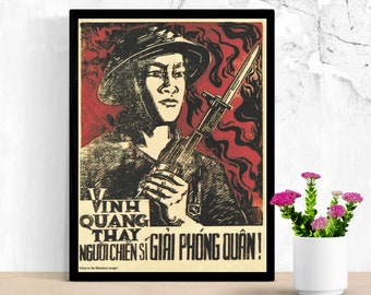 Vintage Vietnam War Propaganda Poster - Glory To The Communist Vietnamese Soldier Troops Against the US American Invaders - SIZE 12x16in