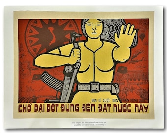 Rice Paper Vietnam War Poster Propaganda - The Women Are Ready to Fight And Defend The Vietnamese Nation From Enemies - 12x16in