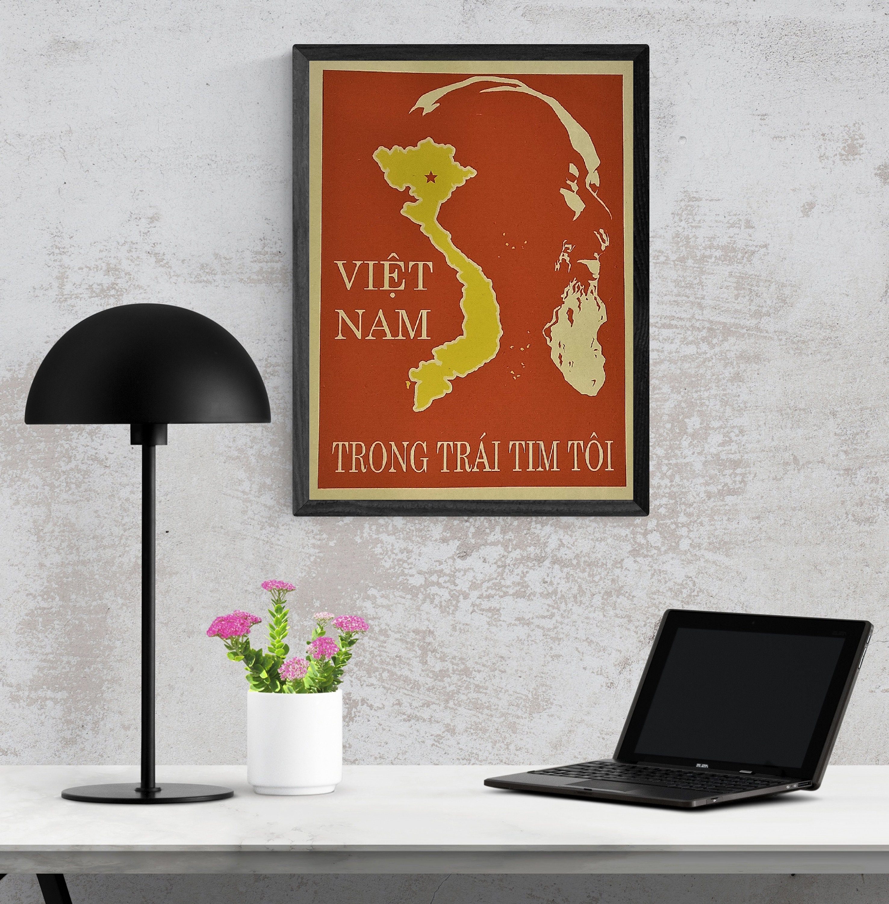 Vietnam War Poster Propaganda - President Ho Chi Minh - Vietnamese Flag ...
