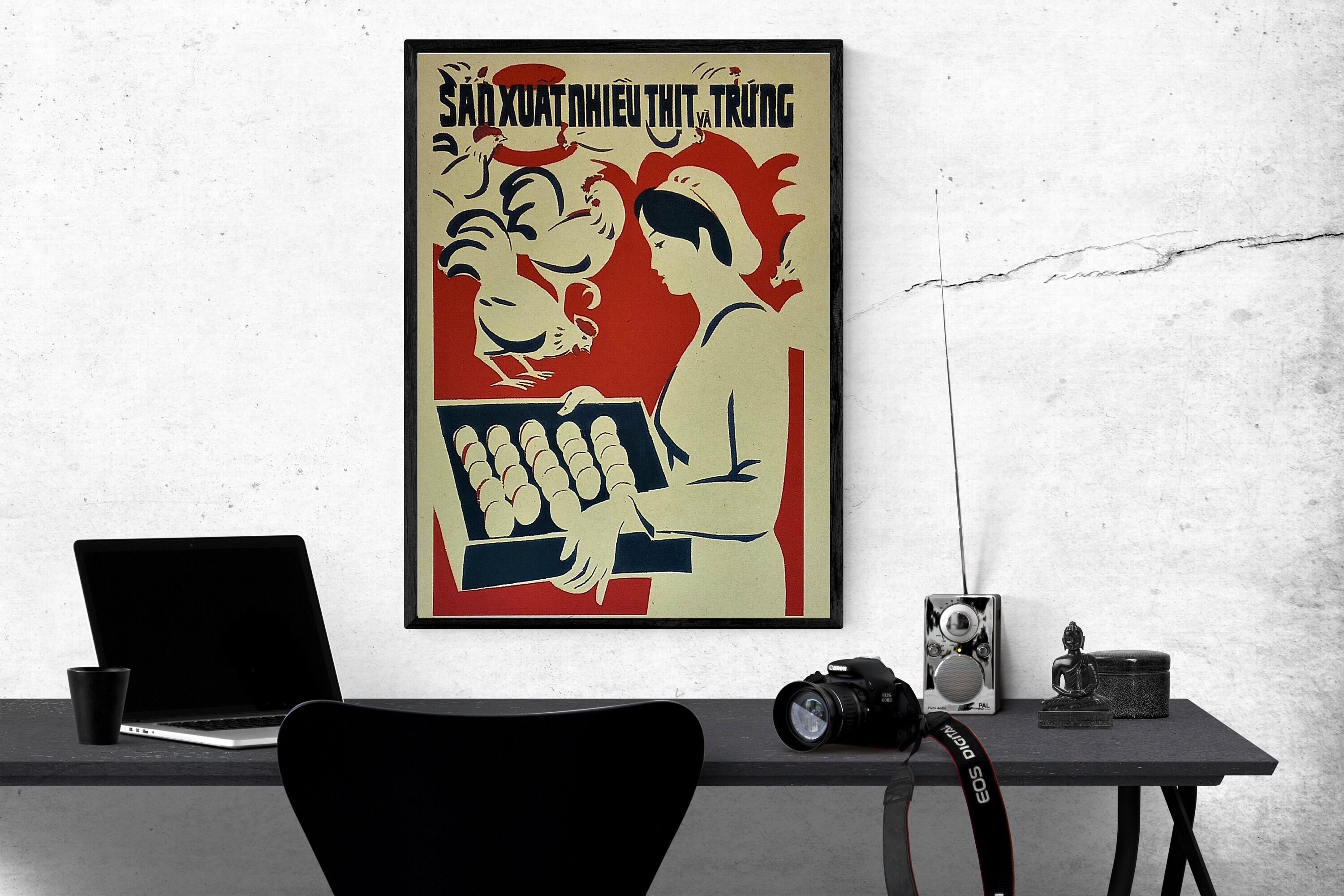Vietnam Poster Propaganda - Producing a Lot of Meat and Eggs From Chickens After The American Vietnamese War - SIZE: 12x16 inches