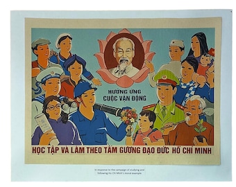 Vintage Rice Paper Vietnam Poster - Everyone Study And Follow the President Ho Chi Minh's Moral Example SIZE: 12x16in