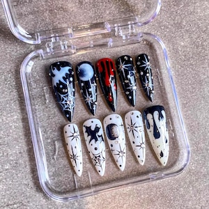 Gothic Star Galaxy Press On Nails | Long Stiletto Moon Nail Set | Space Drip Art Nails | Handmade Celestial Fake Nails