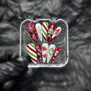 Christmas Press-On Nails | Candy Cane Red Green Long Nails | Holiday Fake Nails | Santa Reindeer Snowflake Nail Art