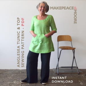 Op de afbeelding: Een fel limoengroene tuniek met driekwartmouwen en een grote voorzak, gecombineerd met een losvallende zwarte broek. De tekst luidt MAKEPEACE & MOORE, ANGLESEA TUNIC & TOP SEWING PATTERN - PDF en INSTANT DOWNLOAD.