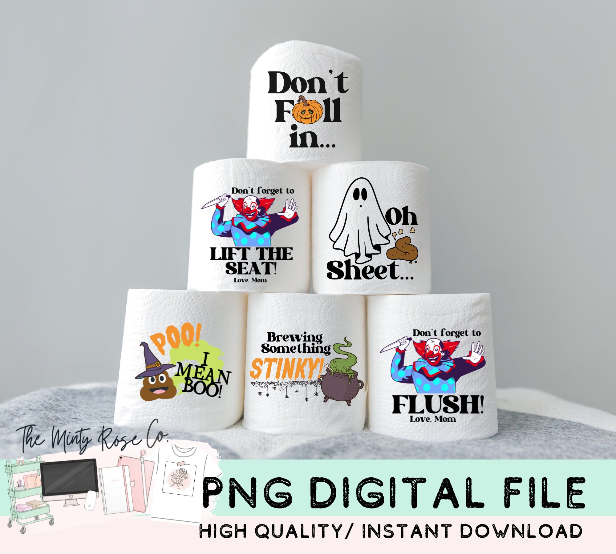 Funny Toilet Paper Roll Designs, Sublimation, PNG, Gag Gift, Halloween