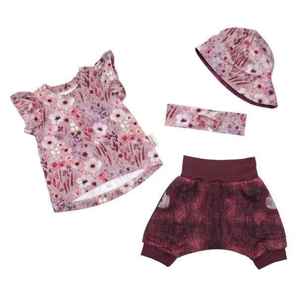 Tunika Kleid Cutie Shirt Shorts / Kurze Pumphose Haarband Sonnenhut Set Baby Mädchen "Blumentraum Aquarell" Geschenk Geburt Babyparty Gr. 62