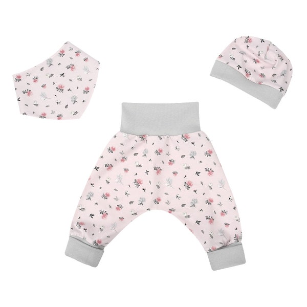 3tlg. Pumphose-Mütze-Tuch Set "Zarte Rosen" Geschenk Geburt Babyparty - Baby Mädchen - im Set oder einzeln, ab Gr. 38-40 (Frühchen)