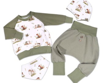 Baby-Set "Waldtiere" Pullover + Pumphose + Mütze + Halstuch - Frühchen Jungen Mädchen - im Set oder einzeln - Geschenk Geburt - Hase Fuchs