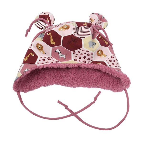 Baby Mädchen Ohrenmütze mit Ohrenschutz "Safaritiere" Herbst Winter Baumwollteddy Stoffauswahl