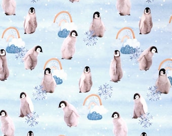 Tessuto jersey di cotone jersey con stampa digitale di pinguini, azzurro