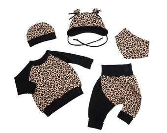 4tlg. Set Langarmshirt Pumphose Mütze Tuch Set "Leopard" beige Geschenk Geburt Babyparty Baby Frühchen Jungen Mädchen, im Set oder einzeln