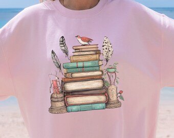 Cottagecore Book Sweatshirt, Floral Boho Oversized Crewneck