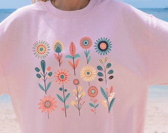Sweater met bloemenprint, Cottagecore Wildflower-sweater, oversized pasvorm