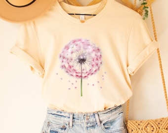 Roze paardenbloem-T-shirt, bloemendessin, 100% katoen