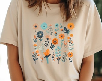 Camiseta gráfica boho de flores silvestres, diseño floral