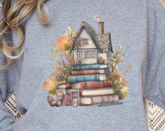 Cottagecore Book Sweatshirt, Stacked Books & House Graphic