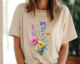 Wildflower Bouquet T-Shirt, Boho Floral Design, 100% Cotton