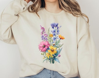 Cottagecore Wildflower Sweatshirt, Boho Floral Oversized Sweater