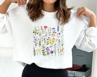 Sweat-shirt fleuri fleurs sauvages, style bohème cottagecore