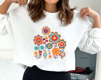 Groovy Floral Sweatshirt, Retro Cottagecore Boho Crewneck