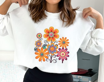 Groovy sweater met bloemen, retro jaren 70-stijl, Cottagecore-mode