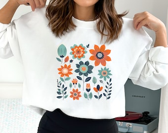 Boho Floral Sweatshirt, Cottagecore Wildflower Sweater, Oversized Fit