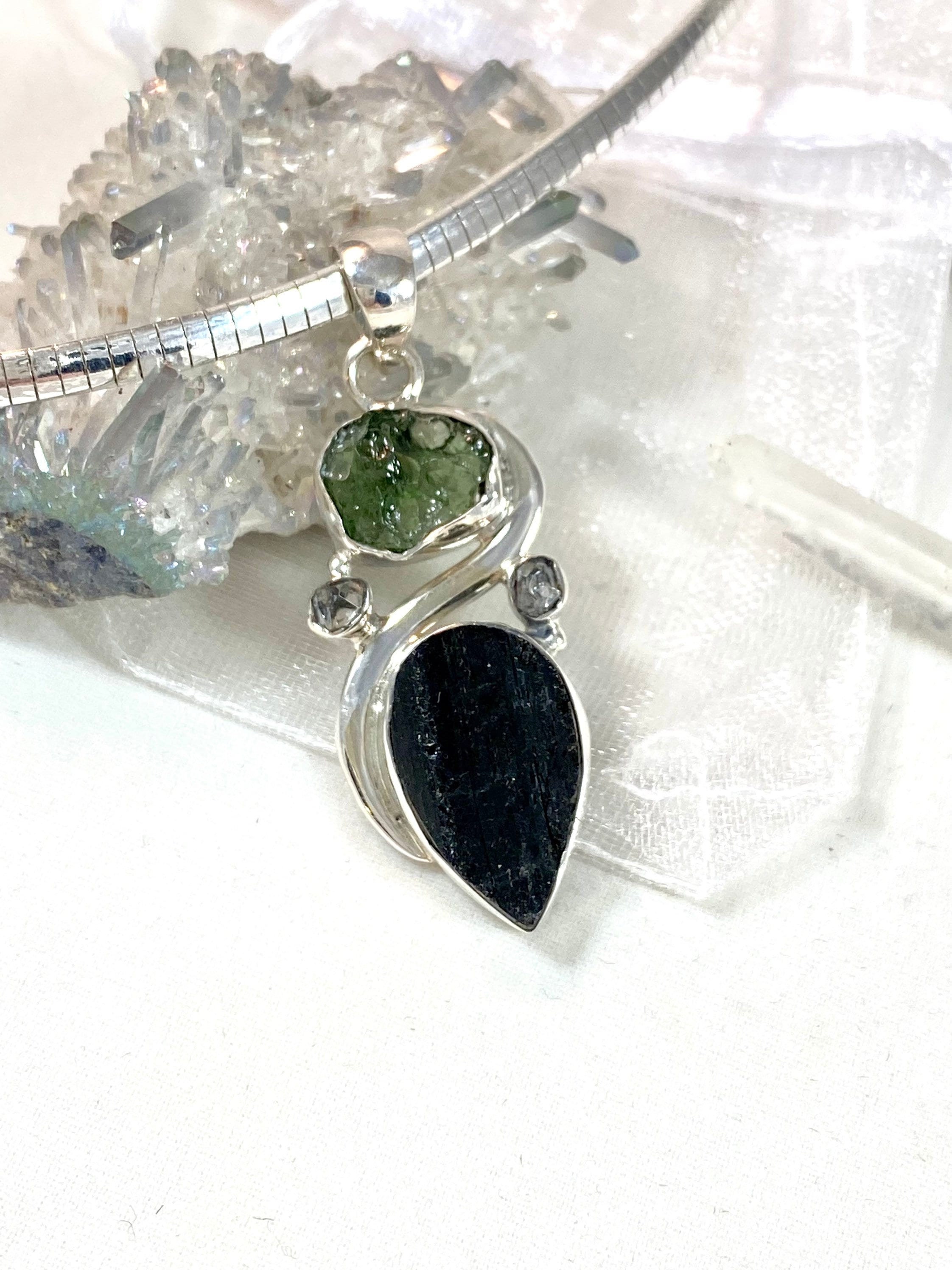 Czech Moldavite Black Tourmaline, Herkimer Diamond Sterling Ring S