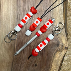 Canada Flag gift set, lanyard, keychain, beaded Pen, sensory necklace